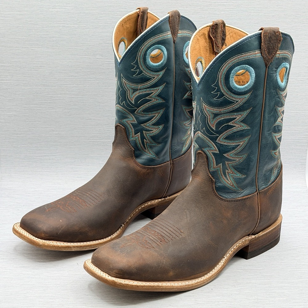 Justin Men's 11.5 W 2E Brown Green Leather Cowboy Boots Square Toe Austin BR738
